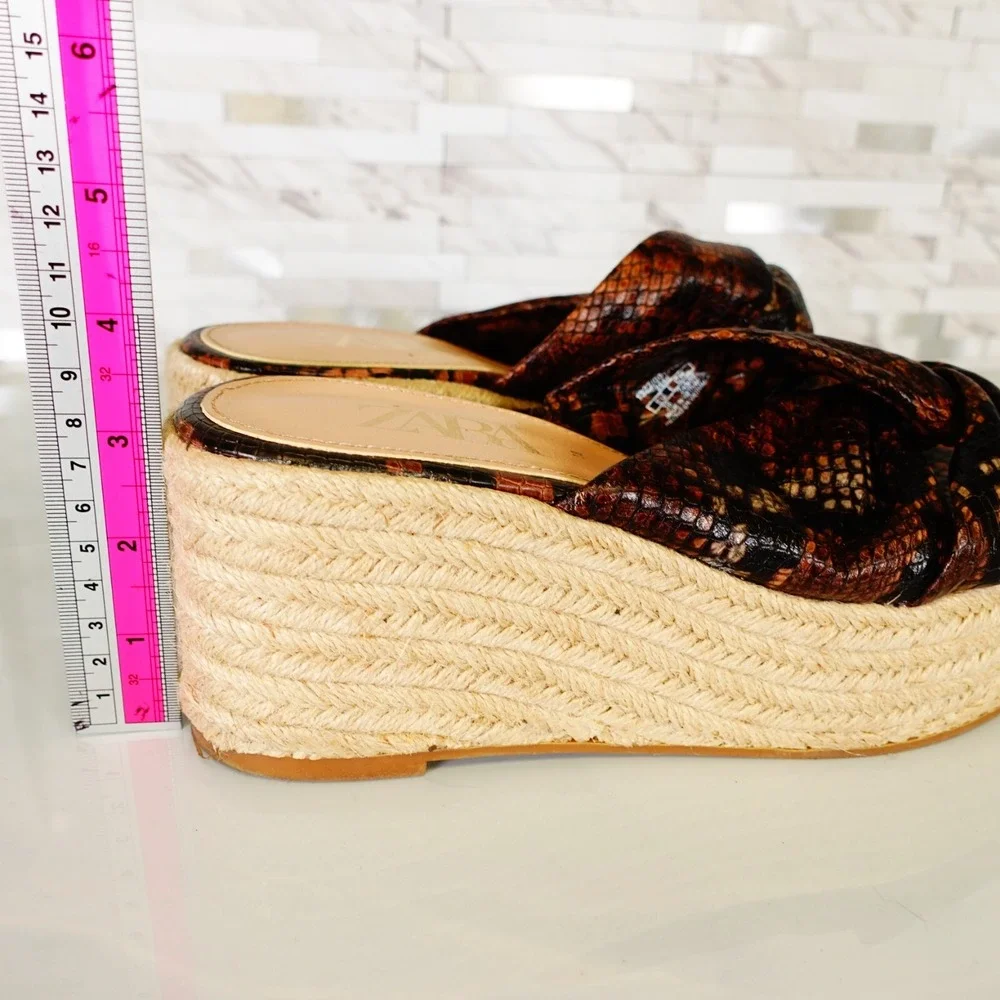 Zara Shoes Women Leather 38 Slip On Wedge Snakeskin Platform Espadrilles 7